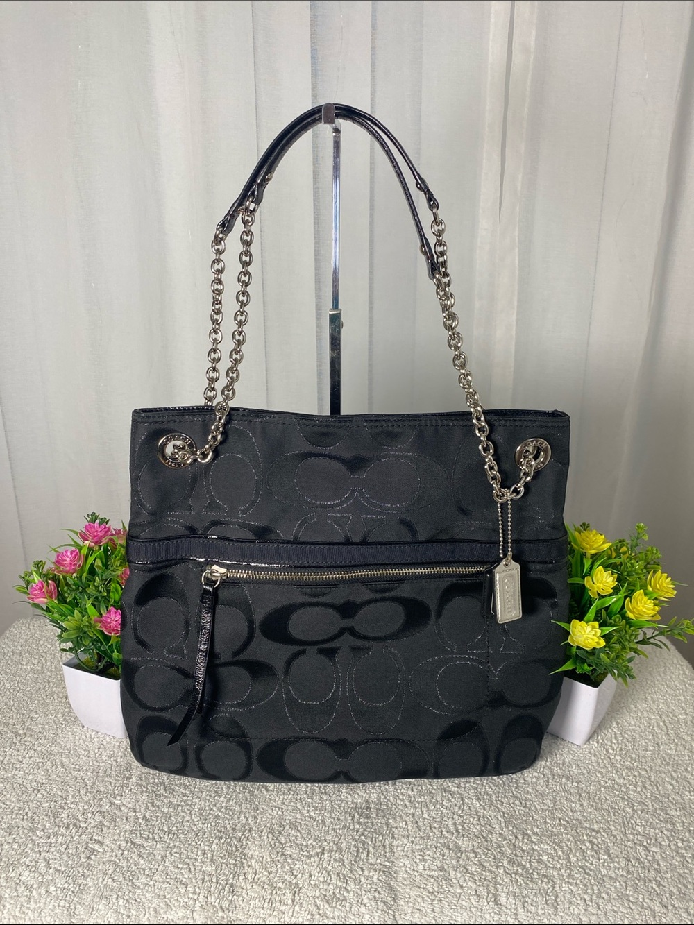 GUC Coach Black Signature Jacquard Chain-Handle Shoulder Bag